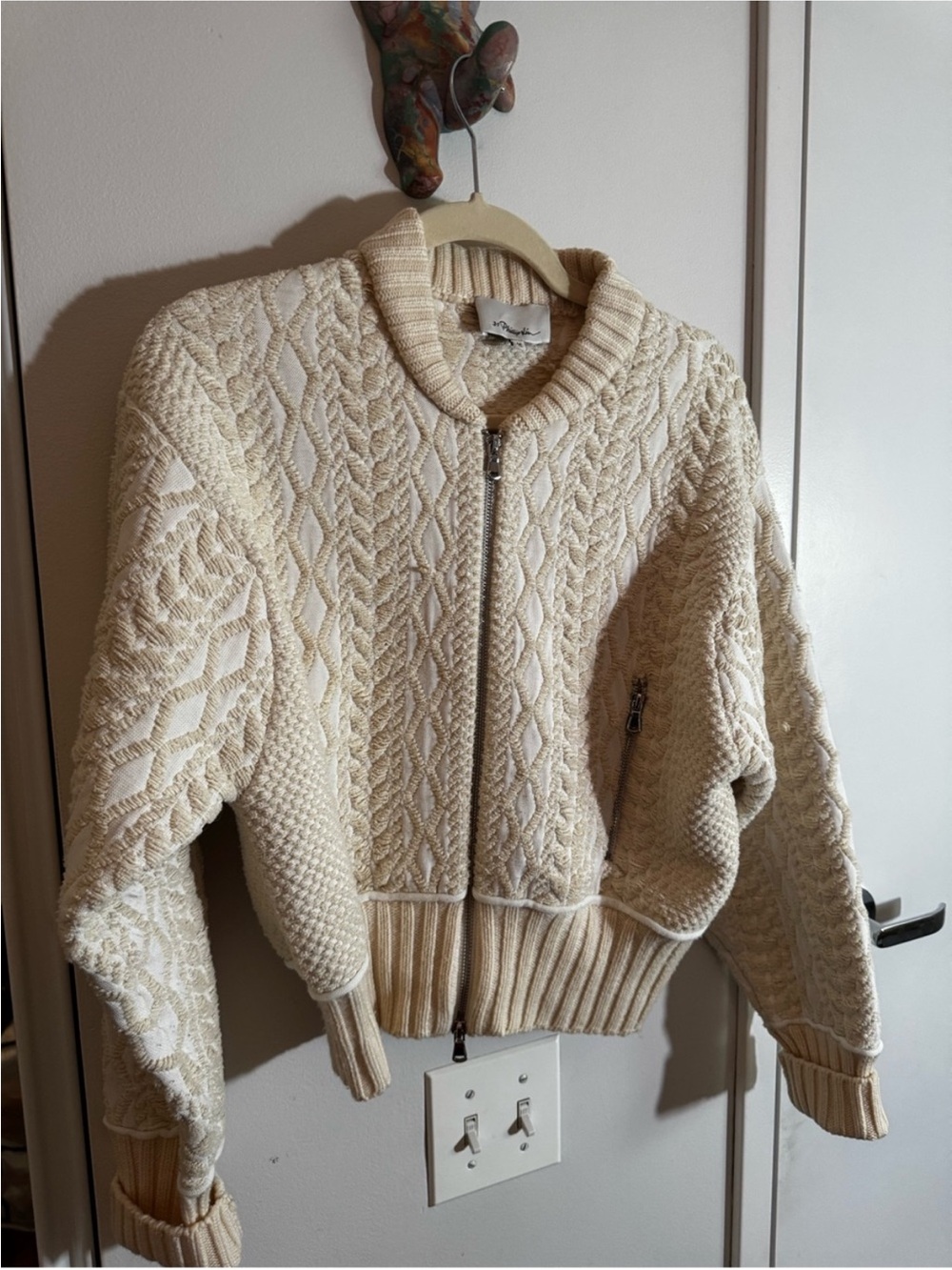 3.1 Phillip Lim Cream Cable Knit Full Zip Cardigan Zip Pockets Size M - Picture 4 of 6